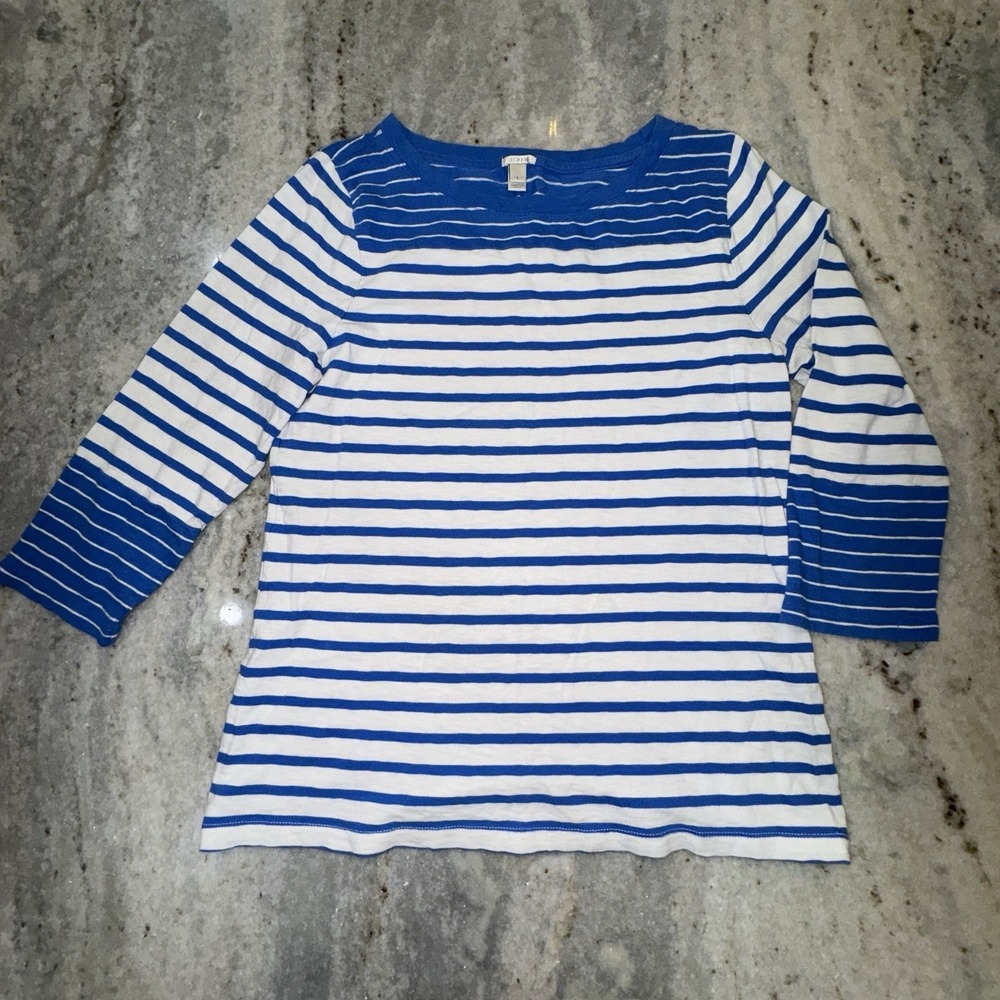 J. Crew White Blue Striped Shirt 3/4 Sleeve Coastal Beach Womens Sz Large